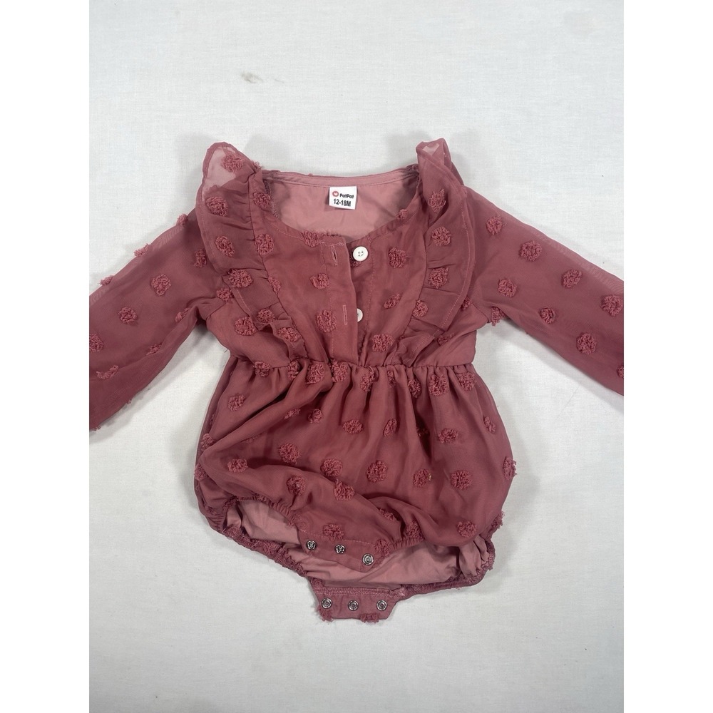 PatPat Baby Girl 12–18M Dusty Rose Textured Dot Long Sleeve Ruffle Romper
